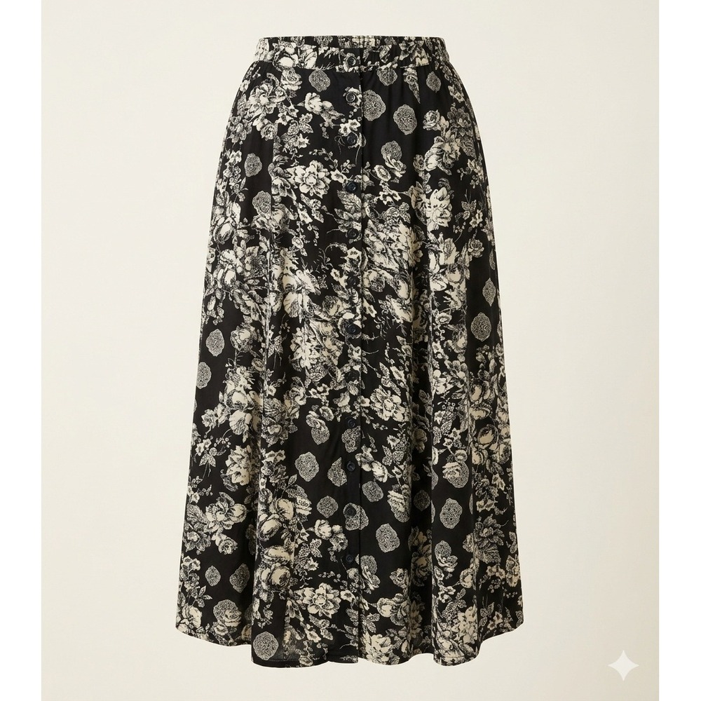 Ship'nShore Vintage 90s Floral Button Front Long Midi Skirt Black White Rayon S